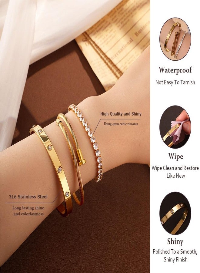 JUNVirtuous 3-Pack Gold Bracelets for Women,18K Gold Plated Bangle Tennis Bracelets Stack Set for Women Trendy Non Tarnish Stainless Steel Gold Bangles Accessories Designer Jewelry Pulseras Para Mujer - Image 2